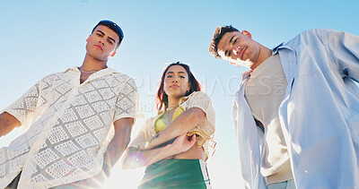 Buy stock photo Portrait, sky and group of people on beach with confidence, sunshine or outdoor adventure holiday together. Friends, men and woman in nature with travel vacation, bonding or arms crossed on low angle