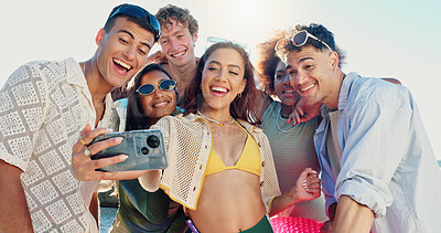 Buy stock photo Girl, selfie and gen z friends in summer with smile, excited and reunion on vacation with post on web. Women, men and happy people with photography, holiday and profile picture on social network