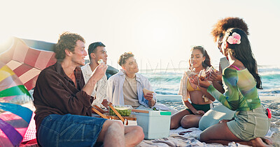 Buy stock photo Beach, picnic and group of people with food, sandwich and eating together on tropical holiday celebration. Friends, men and women relax at ocean with lunch, fun outdoor adventure and happy vacation