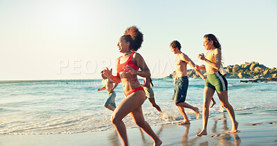 Buy stock photo Summer, beach and people on holiday, vacation or travel for relax, fun and play in bonding together, Friends, adventure and ocean for break, happiness and outdoor as group in swimwear with diversity