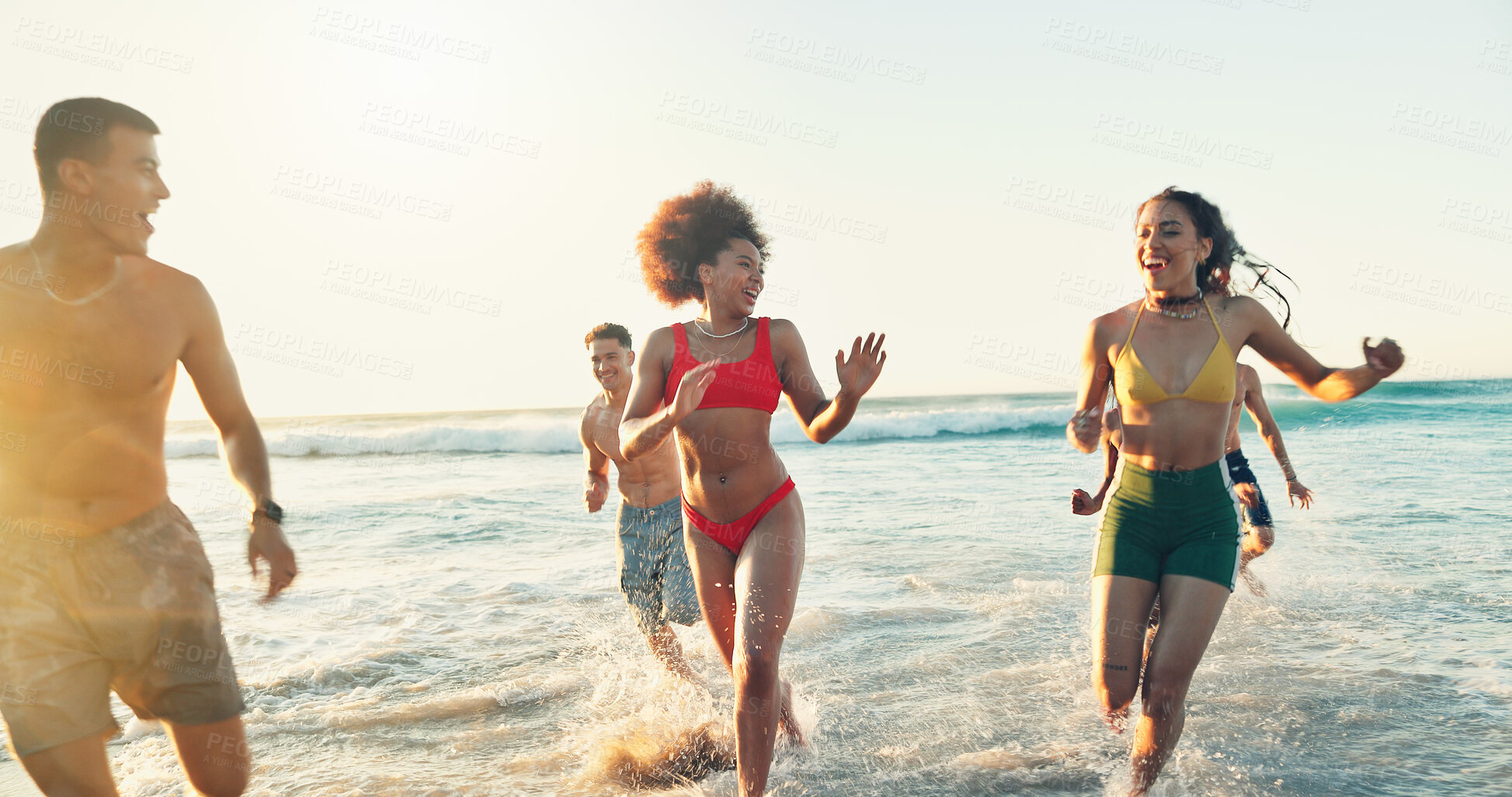 Buy stock photo Beach, fun and group on vacation, water and reunion of friends, nature and tourism of paradise and travel. Outdoor, tourist and people on holiday, happy and bonding on trip, tropical or sea in Brazil