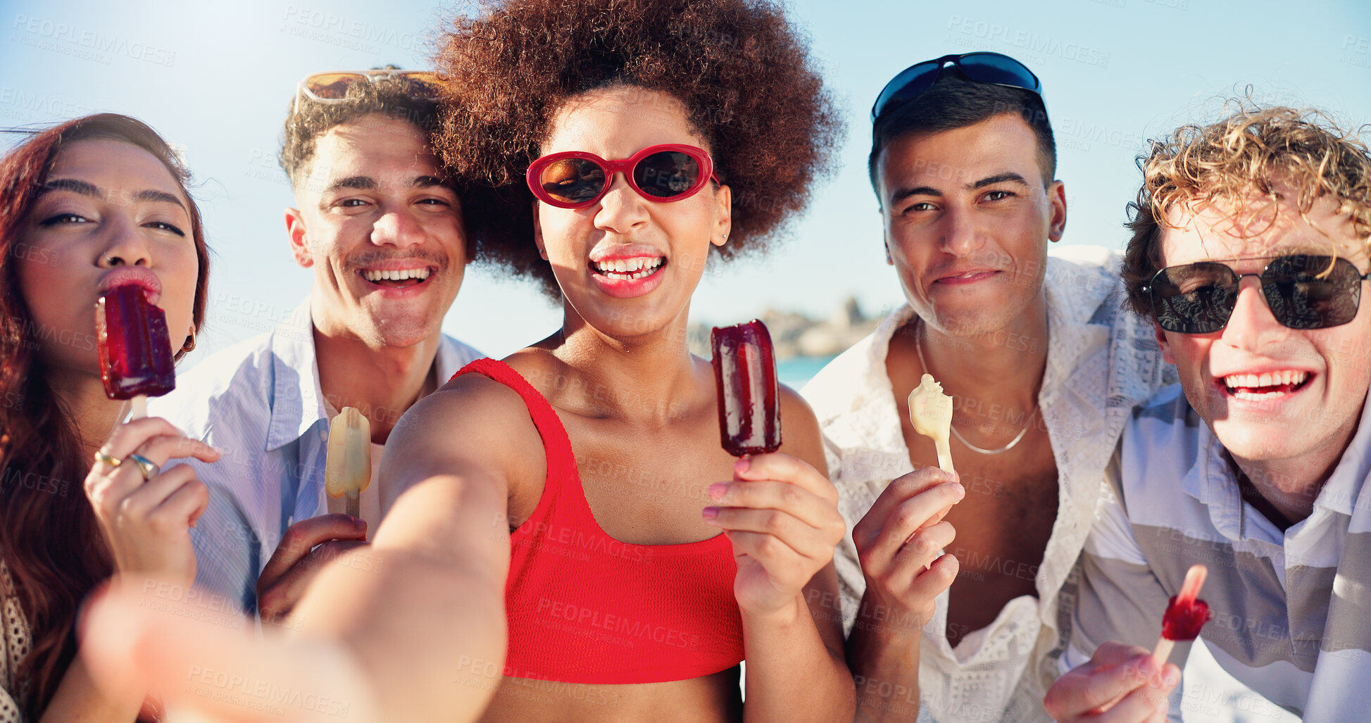 Buy stock photo Group, ice cream and selfie with girl at beach in summer, bonding and portrait for diversity with post on web. People, men and women with photography, memory and desert with social media on vacation