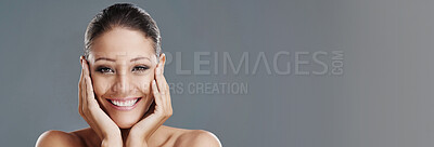Buy stock photo Banner, beauty and portrait of woman on gray background for wellness, cosmetics and spa facial treatment. Mockup space, skincare and face of happy person for health, salon and dermatology in studio