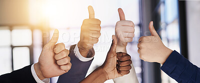 Buy stock photo Collaboration, hands and thumbs up with business people closeup in office for motivation or support. Like, success and yes emoji with employee group in corporate workplace for bonus, goals or target