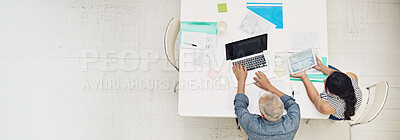 Buy stock photo Architect, tablet and team planning on laptop with budget meeting, financial framework and project cost analysis. Top view, banner and people in office with design strategy and compare revenue report