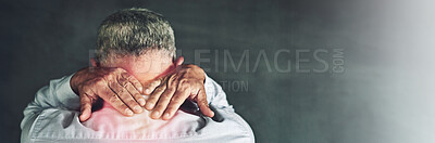 Buy stock photo Stress, neck pain and back of business man in studio with tension for burnout, medical crisis and red glow. Mockup space, banner and person with muscle strain, accident and injury on gray background