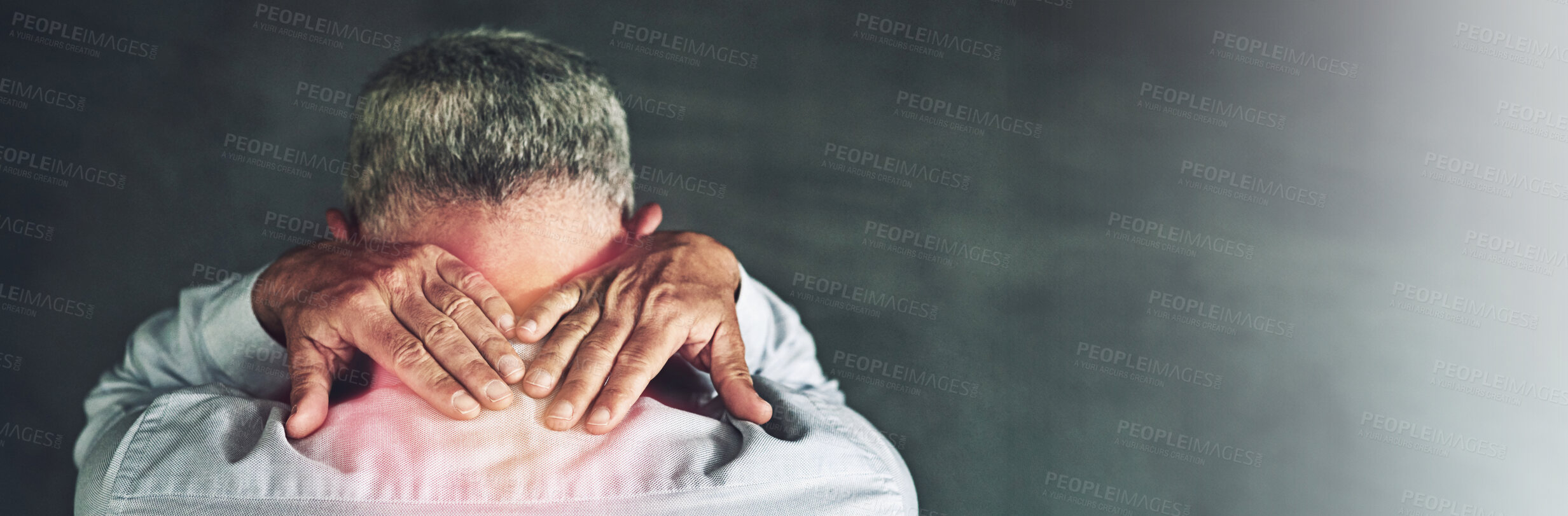 Buy stock photo Stress, neck pain and back of business man in studio with tension for burnout, medical crisis and red glow. Mockup space, banner and person with muscle strain, accident and injury on gray background