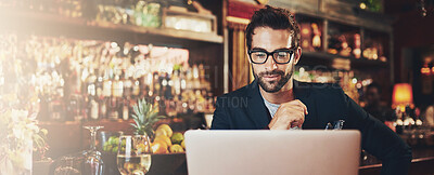 Buy stock photo Businessman, bar and laptop with small business for startup, restaurant or indoor coffee shop. Male person, bartender or owner with computer on banner for food and drink service or catering at cafe