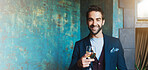 Man, portrait and smile with wine by bar for weekend fun, social event and celebration in stylish fashion. Banner, space and person with drink at cocktail lounge for happy hour, relax and enjoyment