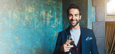 Buy stock photo Man, portrait and smile with wine by bar for weekend fun, social event and celebration in stylish fashion. Banner, space and person with drink at cocktail lounge for happy hour, relax and enjoyment