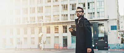 Buy stock photo City, coffee and commute with business man outdoor on street, walking to work for start of morning. Banner, buildings and thinking with corporate employee in urban town for journey, travel or trip