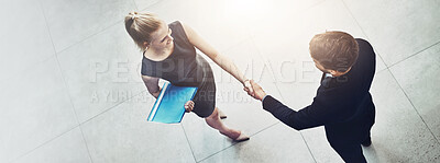 Buy stock photo Shaking hands, deal and business people in city for partnership, agreement or company merger. Collaboration, banner and top view of financial investors with handshake for finance proposal in town.