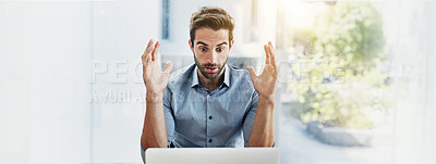 Buy stock photo Stress, shock and business man on laptop upset for crisis, network error and 404 mistake. Banner, corporate and worker on computer with frustrated, anxious and surprise for proposal or project fail