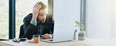 Buy stock photo Stress, burnout and business man on laptop upset for crisis, network error and 404 mistake. Banner, corporate and worker on computer with frustrated, anxious and worry for proposal or project fail