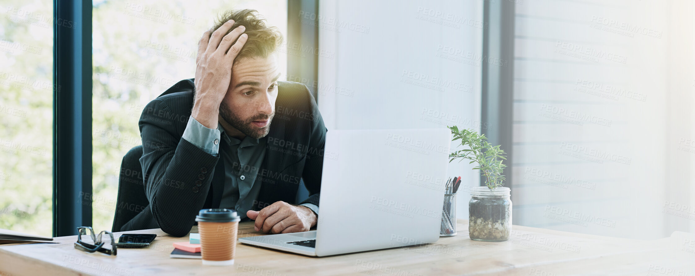 Buy stock photo Stress, burnout and business man on laptop upset for crisis, network error and 404 mistake. Banner, corporate and worker on computer with frustrated, anxious and worry for proposal or project fail