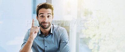 Buy stock photo Man, portrait and eureka in office for business, career development and good idea in banner. Person, thinking and gesture at space for problem solving, brainstorming and decision in Italy workplace