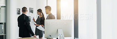 Buy stock photo Interior design, planning and teamwork with business people in office for feedback, project and discussion. Collaboration, presentation and idea with group of employees in firm for advisor.