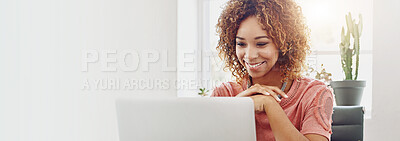 Buy stock photo Happy, laptop and business woman in office for research, online website and internet. Mockup space, creative startup and person on computer for planning, networking and proposal report on banner