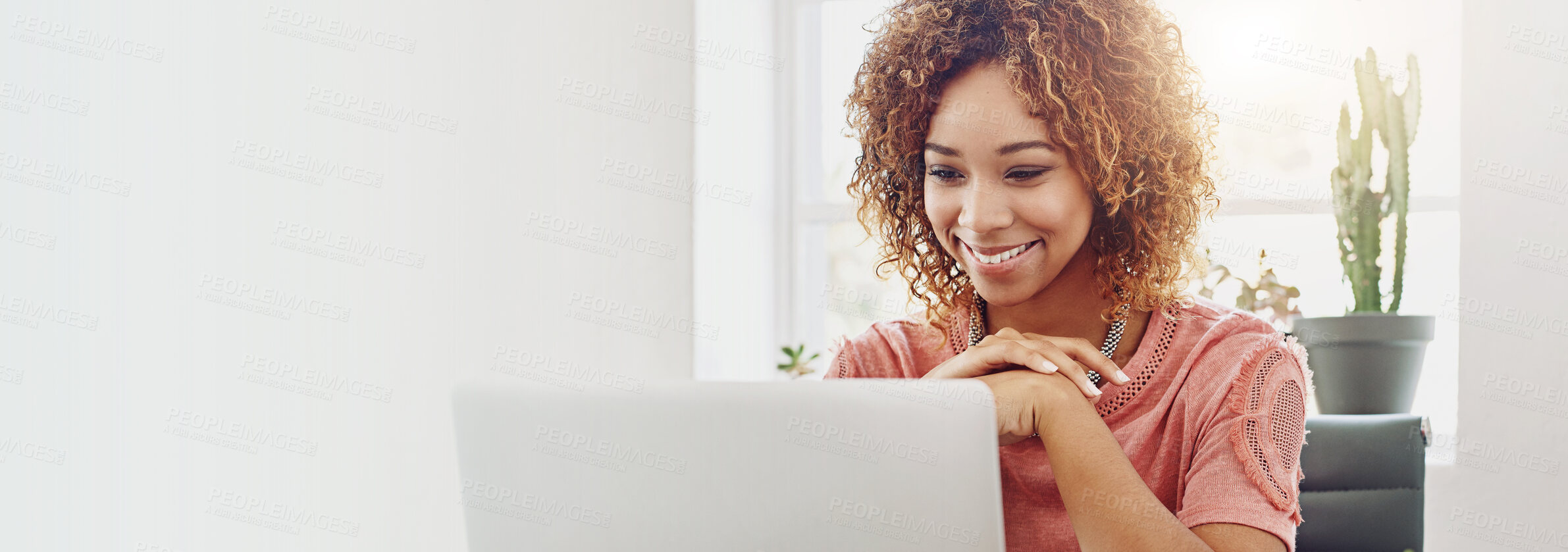 Buy stock photo Happy, laptop and business woman in office for research, online website and internet. Mockup space, creative startup and person on computer for planning, networking and proposal report on banner