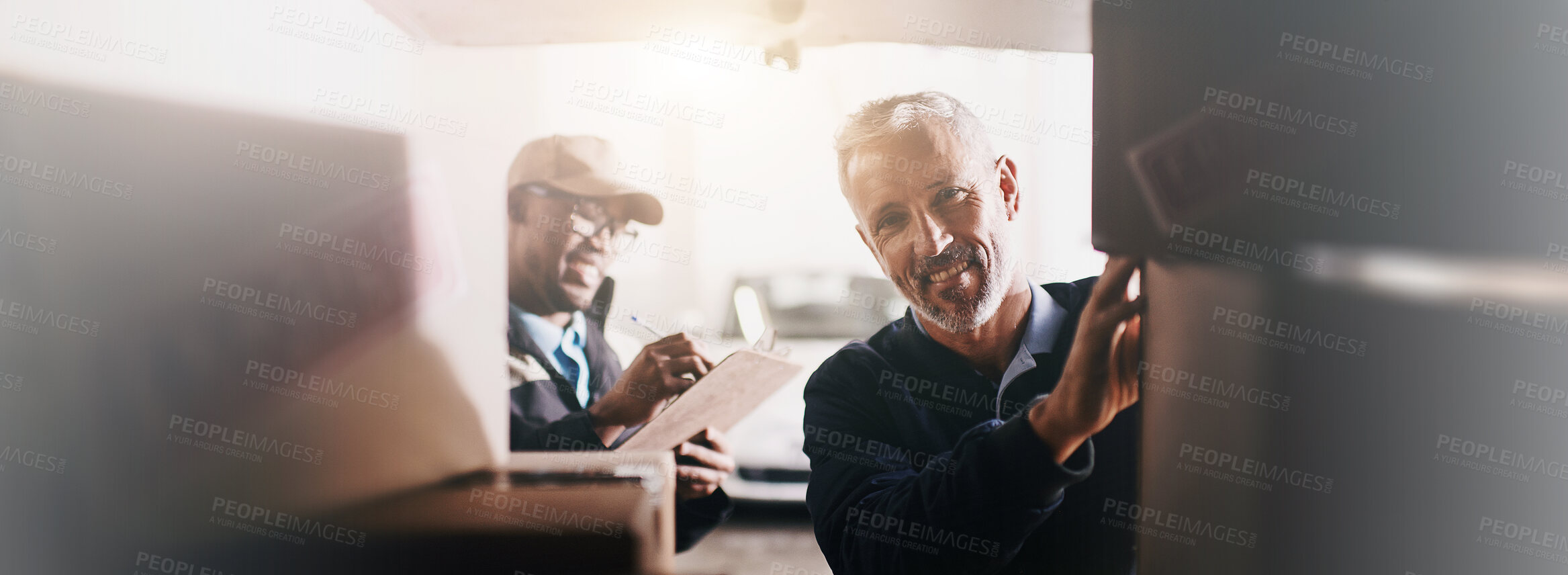 Buy stock photo Portrait, courier service and delivery men in vehicle with clipboard, check and order for shipping. Male people, banner and happy as driver with boxes for transport, freight and e commerce logistics