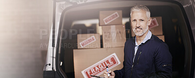 Buy stock photo Portrait, courier service and delivery man in vehicle with clipboard, check and order for shipping. Male person, employee and happy as driver with boxes for transport, freight and ecommerce logistics