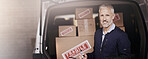 Portrait, courier service and delivery man in vehicle with clipboard, check and order for shipping. Male person, employee and happy as driver with boxes for transport, freight and ecommerce logistics