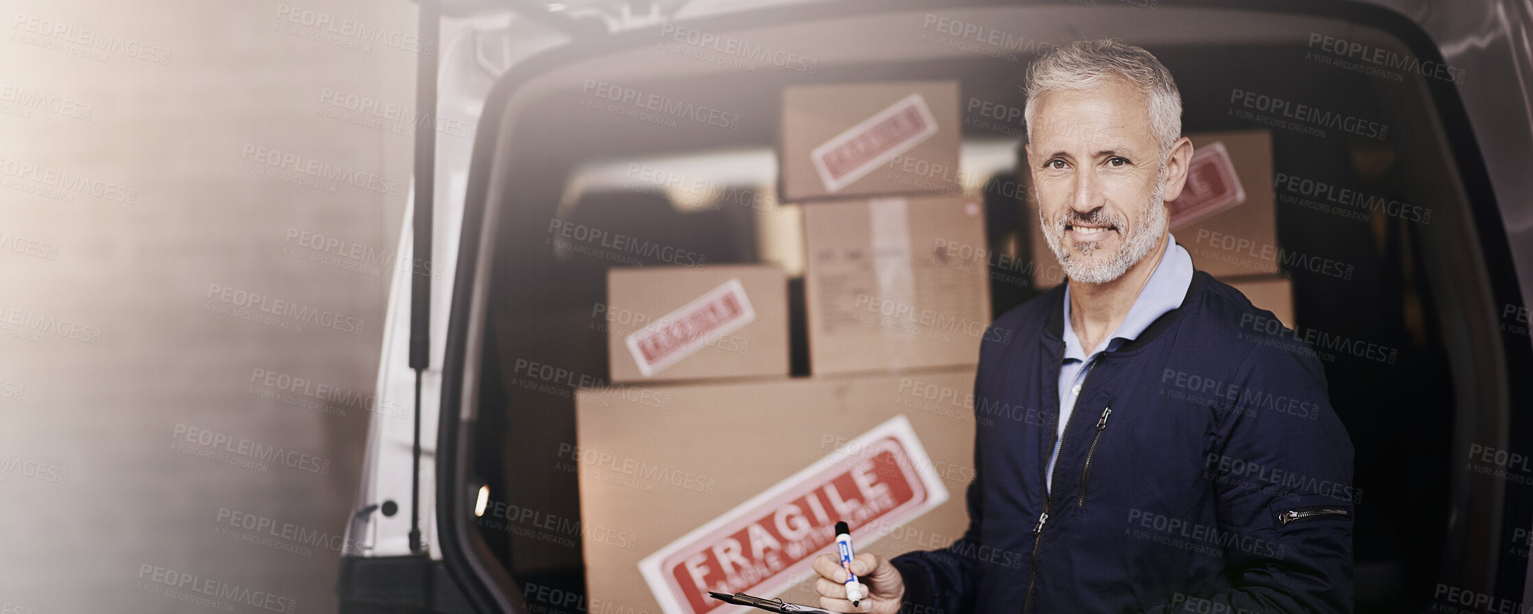 Buy stock photo Portrait, courier service and delivery man in vehicle with clipboard, check and order for shipping. Male person, employee and happy as driver with boxes for transport, freight and ecommerce logistics