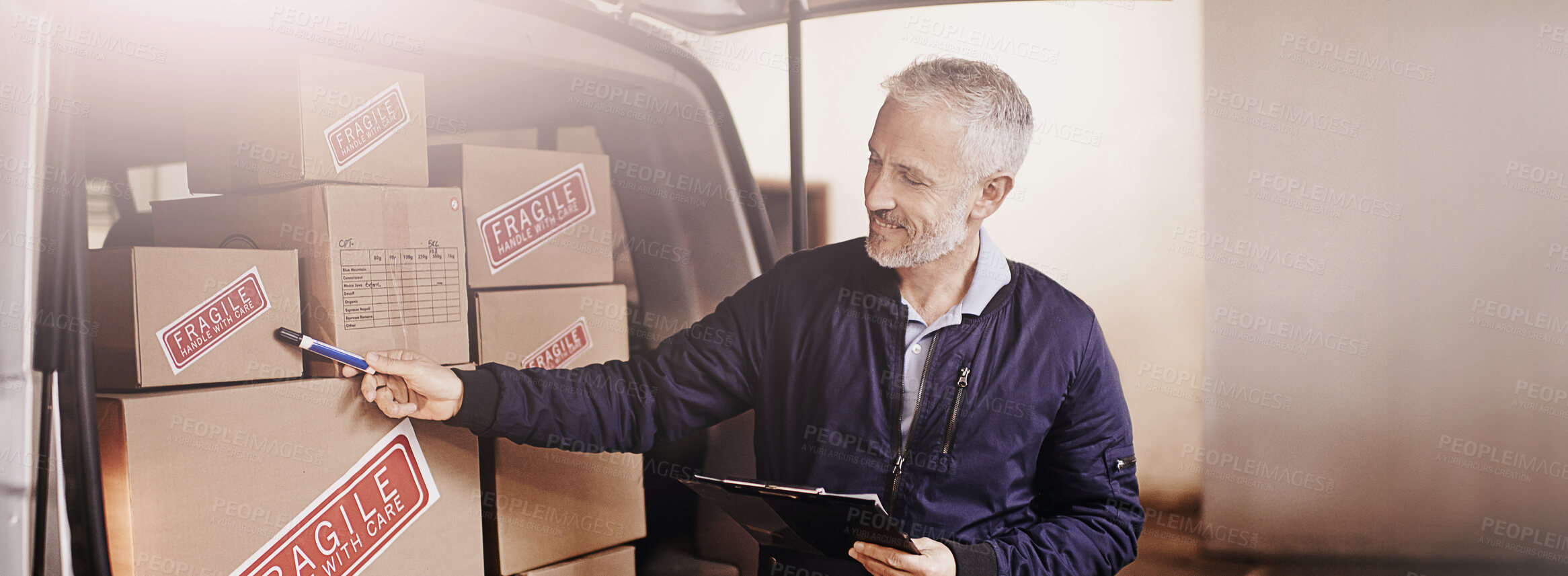 Buy stock photo Banner, courier service and delivery man in vehicle with clipboard, check and order for shipping. Male person, employee and happy as driver with boxes for transport, freight and ecommerce logistics