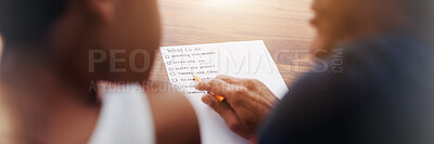 Buy stock photo Back, mother and child with paper at house with to do list, chores checklist and cleaning schedule. Family, explaining and banner for teaching of responsibility, reminder notes and maintenance agenda