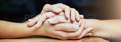 Buy stock photo People, holding hands and support in home with love, empathy and compassion in banner. Couple, connection and gesture at table for trust, mental health and security in relationship with hope and care