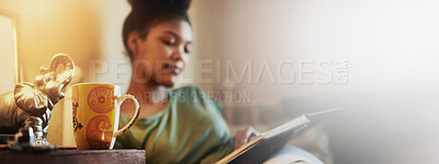 Buy stock photo Coffee cup, woman and student reading book for learning, knowledge or decoration literature on banner space. Textbook, girl and study in home bedroom for college test, education and elephant ornament