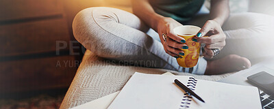 Buy stock photo Notes, planning and woman in home office with coffee, ideas and relax on sofa in living room. Studying, research and hands of freelancer with drink, notebook and remote work on banner in apartment.