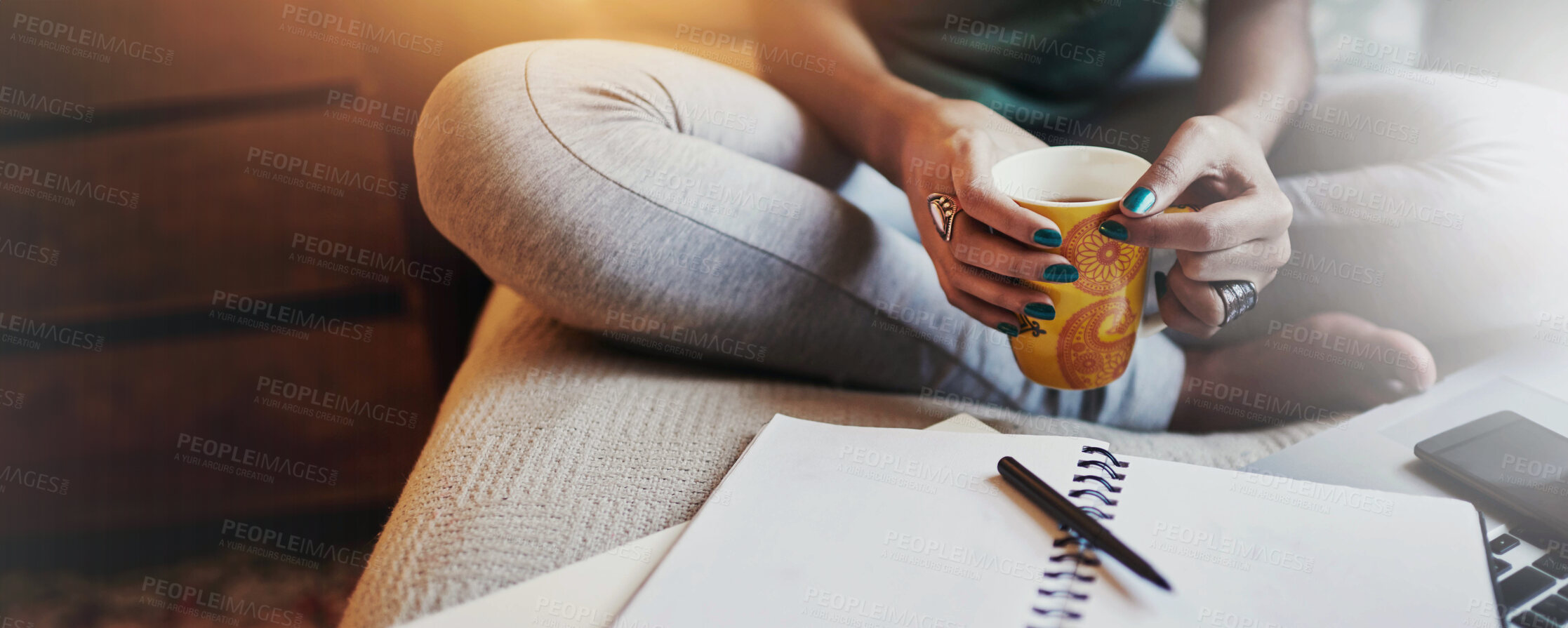 Buy stock photo Notes, planning and woman in home office with coffee, ideas and relax on sofa in living room. Studying, research and hands of freelancer with drink, notebook and remote work on banner in apartment.