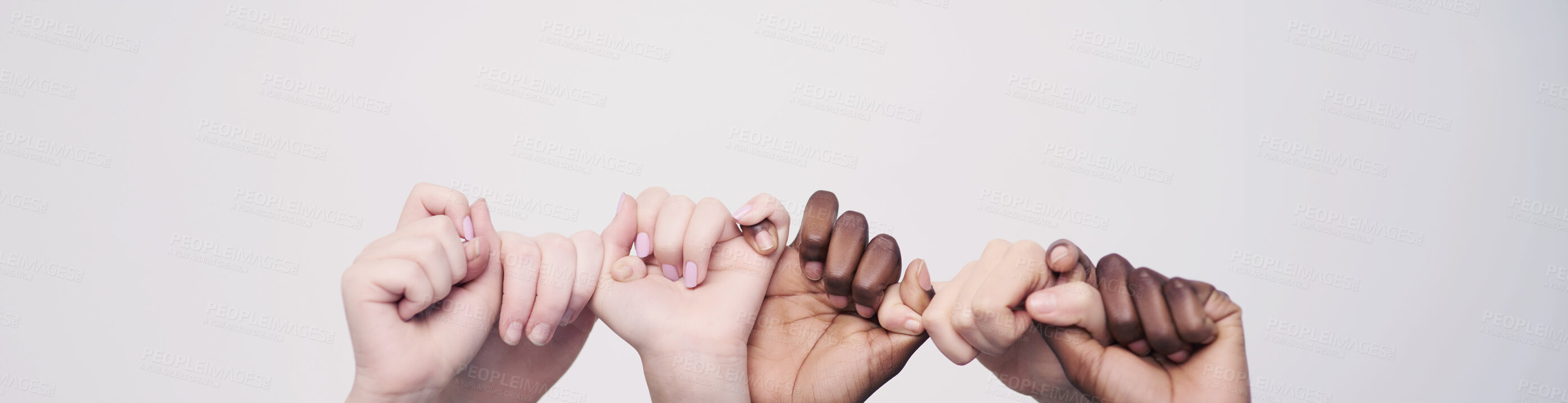 Buy stock photo Banner, diversity and hands of people in solidarity on white background for equality or inclusion. Team building, trust or unity and group of friends with connected fingers to encourage or support