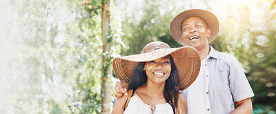 Buy stock photo African couple, happy and portrait in garden for relax or unwind on day off for holiday outdoor. Man, woman or smile together in park for relationship, love or hug in summer vacation on banner mockup