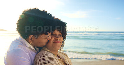 Buy stock photo Hug, beach and couple with love, smile and summer holiday with weekend break, adventure and romance. Happy people, seaside and man with woman, waves and embrace with honeymoon, ocean and relationship