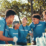 Charity, laughing and teamwork with volunteer group outdoor in park for ...