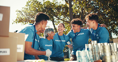 Buy stock photo Charity, laughing and teamwork with volunteer group outdoor in park for community food drive or donation. Activism, funny and society with happy people as welfare workers for NGO or non profit