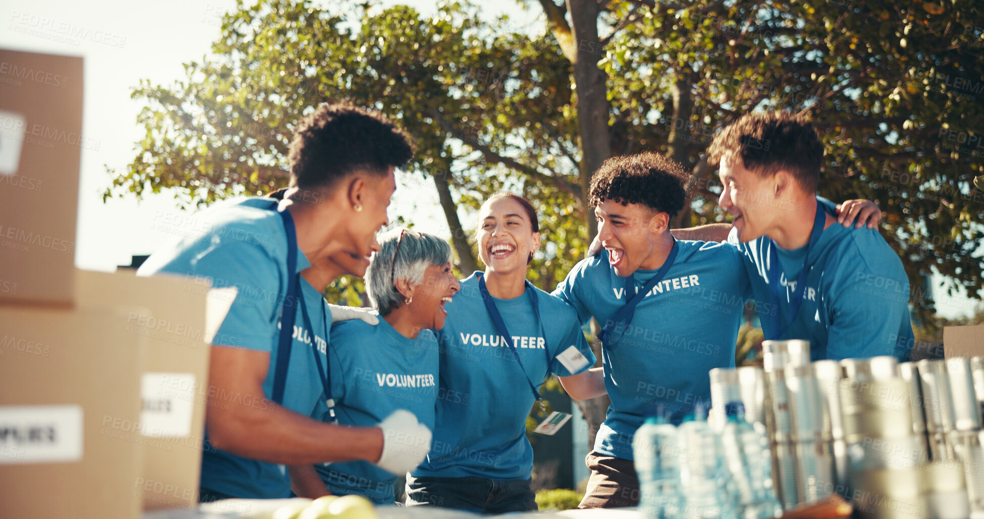 Buy stock photo Charity, laughing and teamwork with volunteer group outdoor in park for community food drive or donation. Activism, funny and society with happy people as welfare workers for NGO or non profit