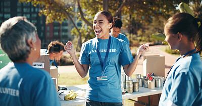 Buy stock photo Excited, volunteer woman and charity as group for community service, project and nonprofit program. People, happiness and together as collaboration, outdoor and initiative for help, donations and NGO