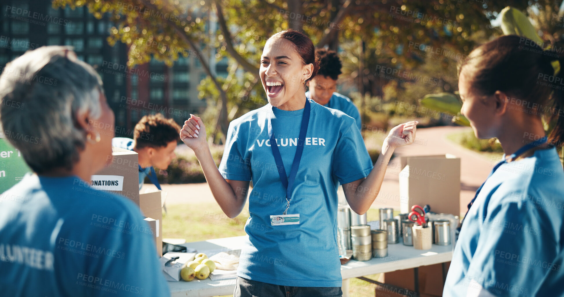 Buy stock photo Excited, volunteer woman and charity as group for community service, project and nonprofit program. People, happiness and together as collaboration, outdoor and initiative for help, donations and NGO