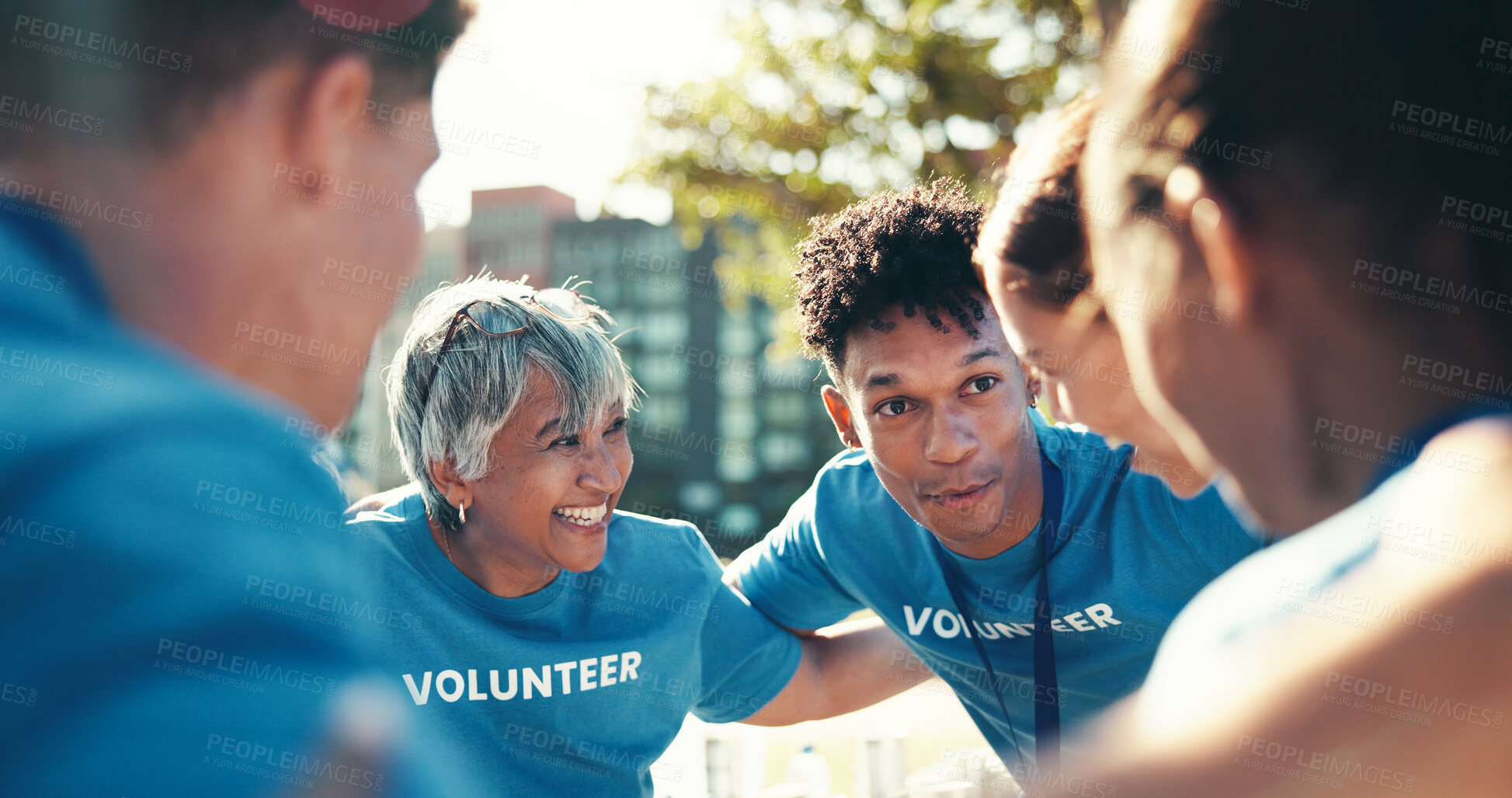 Buy stock photo Volunteer, people and team huddle together for synergy, collaboration or donation at park. Charity, group or circle outdoor for support, smile or community service in cooperation for humanitarian aid