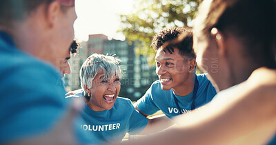 Buy stock photo Volunteer, people and group huddle together for synergy, care or donation at park. Charity, team and circle outdoor for support, excited or community service in cooperation for social responsibility