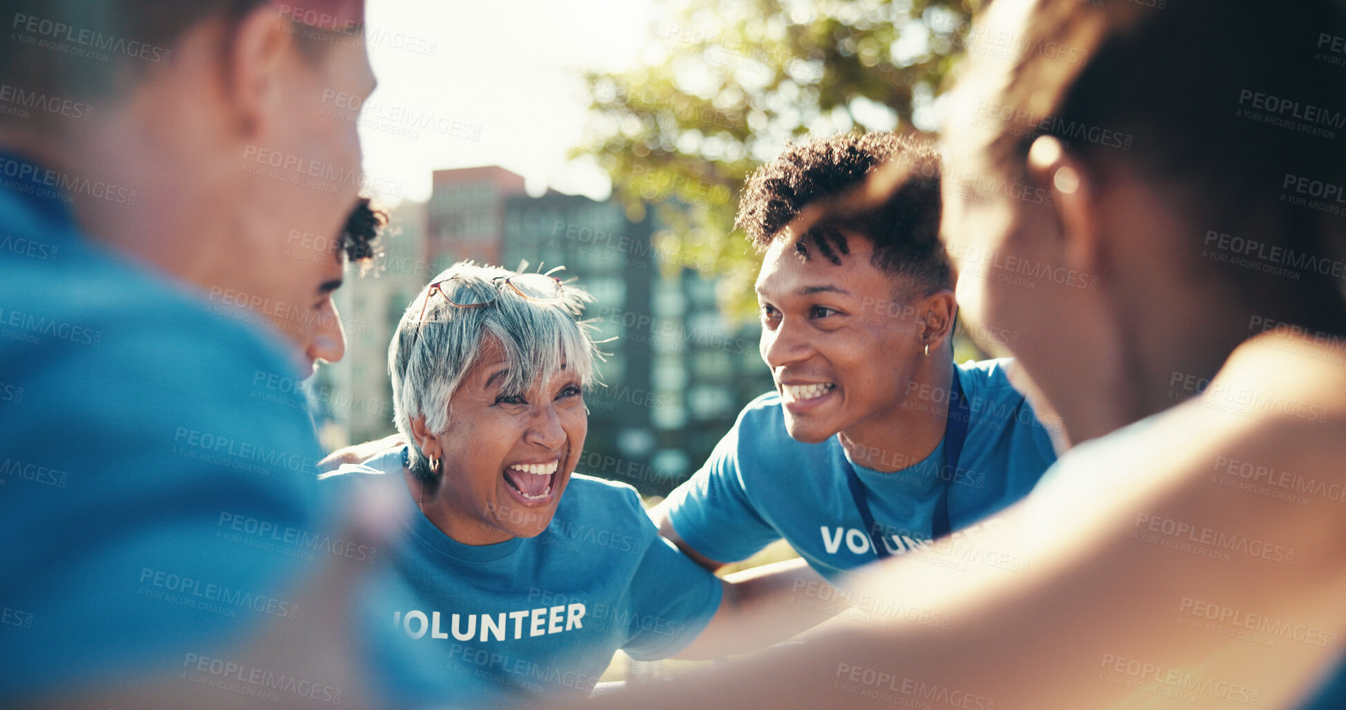 Buy stock photo Volunteer, people and group huddle together for synergy, care or donation at park. Charity, team and circle outdoor for support, excited or community service in cooperation for social responsibility