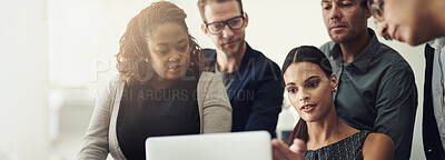 Buy stock photo Planning, meeting and group with laptop, office and account management for business, banner and teamwork. Collaboration, people and suggestion for proposal, discussion and colleagues with ideas