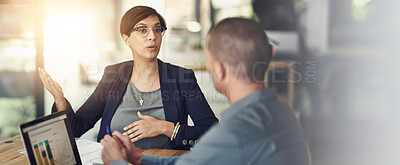 Buy stock photo Office, business people and woman with discussion for laptop screen, financial strategy and report. Teamwork, employees and manager in meeting for accounting firm, profit growth and planning by flare