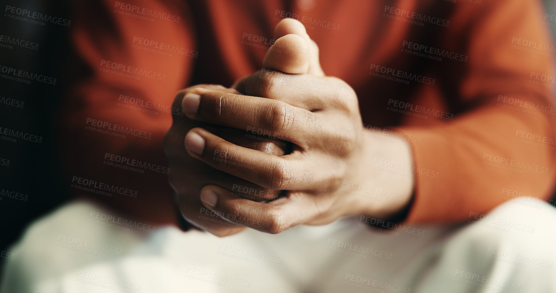 Buy stock photo Hands, man and worry as stress, anxiety and nervous for mental health, wellness and burnout for help. Person, mistake and frustrated in psychology for depression, therapy and conflict in consultation