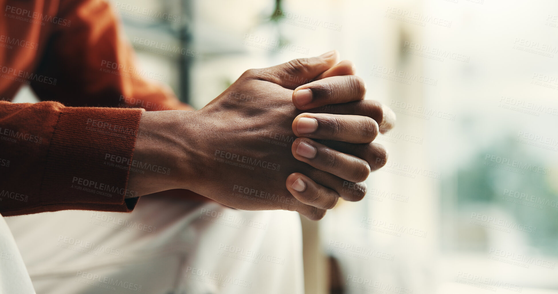 Buy stock photo Hands, man and worry as nervous, anxiety and stress for mental health, wellness and burnout in home. Male person, mistake and frustrated in psychology for depression, support or advice in living room