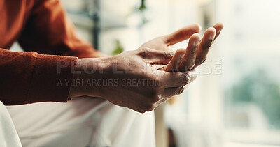 Buy stock photo Hands, man and divorce as nervous, anxiety and stress for mental health, wellness and burnout in home. Male person, mistake and frustrated in psychology for depression, worry or advice in living room