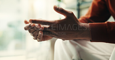 Buy stock photo Hands, man and worry as mistake, anxiety and stress for mental health, wellness and burnout in home. Male person, nervous and frustrated in psychology for depression, support and advice with closeup